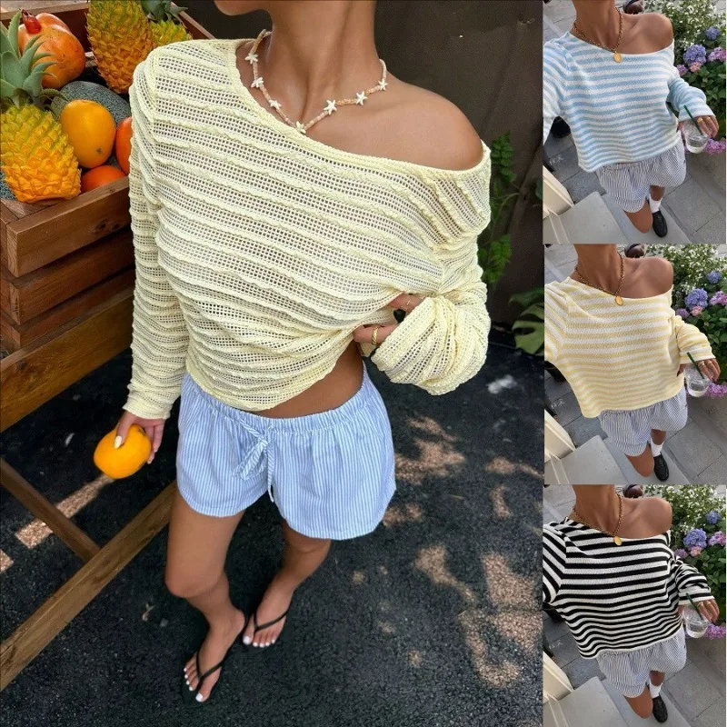 Women's summer new fashionable loose outdoor casual long sleeved knitted striped short top
Women's summer new fashionable loose outdoor casual long sleeved knitted striped short top