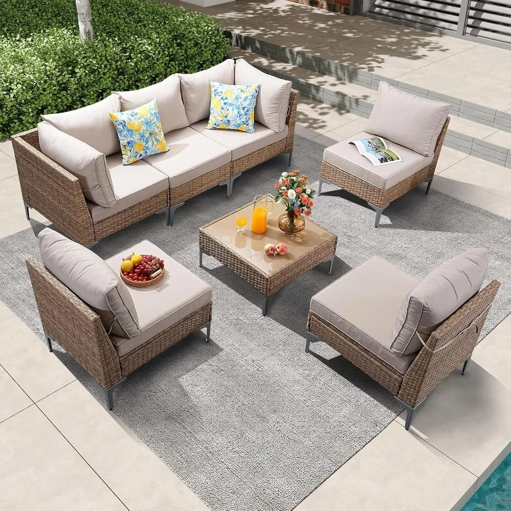7-Piece Patio Furniture Set – Modular Wicker Outdoor Sofa with Thick Cushions, for Garden or Poolside Use
7-Piece Patio Furniture Set – Modular Wicker Outdoor Sofa with Thick Cushions, for Garden or Poolside Use
