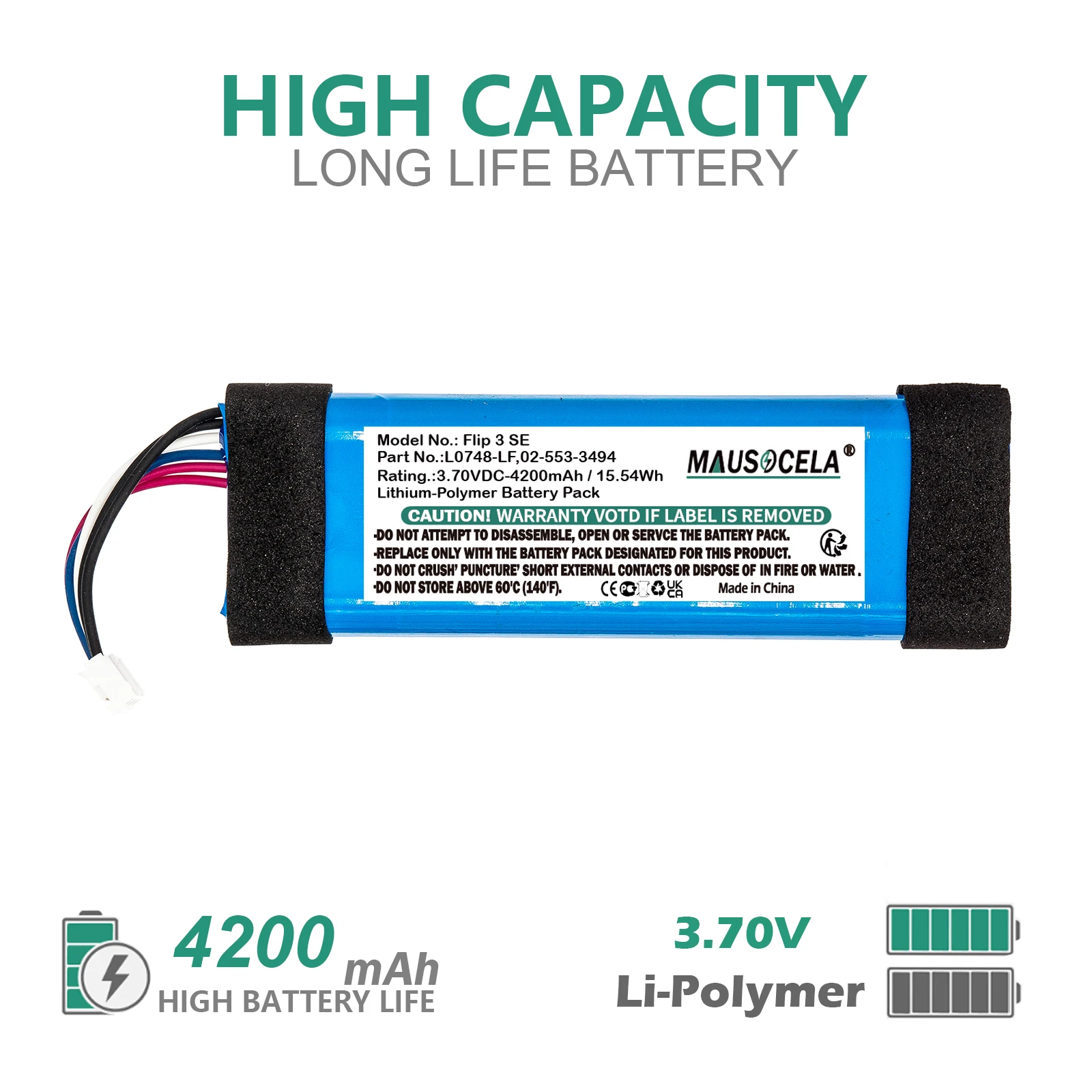 Аккумулятор динамика 4200 мАч/15,54 Втч для JBL: Flip Essential, Flip 3 Stealth Edition, Flip 3 SE, 02-553-3494, GSP872693, L0748-LF, Li-Polyme
Аккумулятор динамика 4200 мАч/15,54 Втч для JBL: Flip Essential, Flip 3 Stealth Edition, Flip 3 SE, 02-553-3494, GSP872693, L0748-LF, Li-Polyme