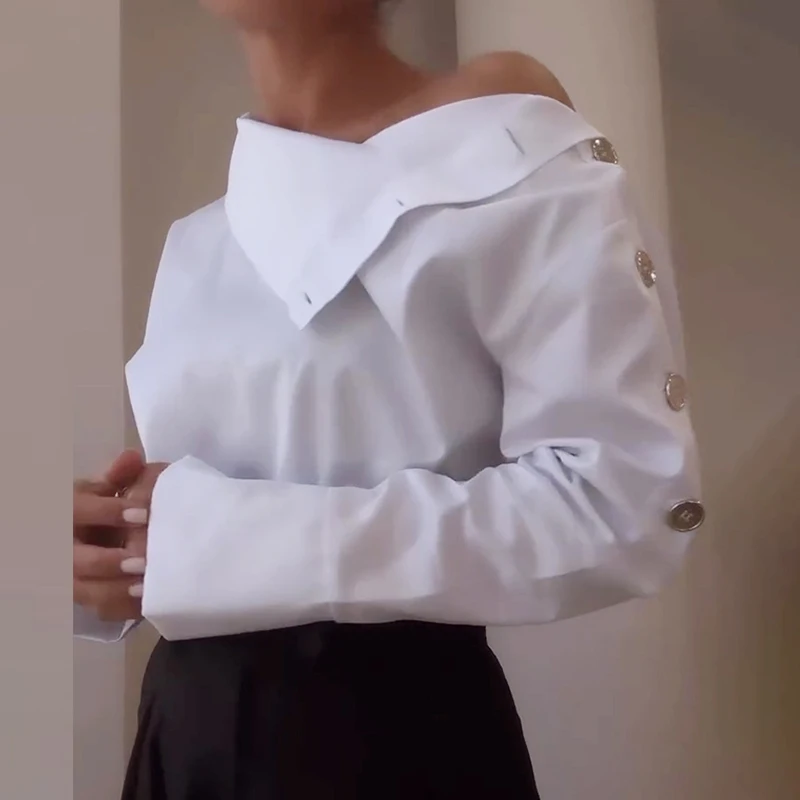 Spring Slanted Neck Slim Fit Solid Color Shirts Women Casual Button Long Sleeved Pullover 2025 Sexy Irregular Temperament Tops
Spring Slanted Neck Slim Fit Solid Color Shirts Women Casual Button Long Sleeved Pullover 2025 Sexy Irregular Temperament Tops