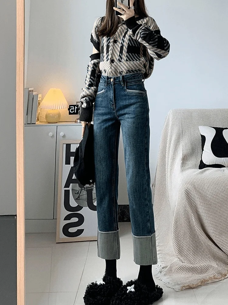 Retro High Waist Women's Straight Leg Jeans Cotton Polyester Blend 9 Section Roll up Hem Ankle Length Denim Pants
Retro High Waist Women's Straight Leg Jeans Cotton Polyester Blend 9 Section Roll up Hem Ankle Length Denim Pants
