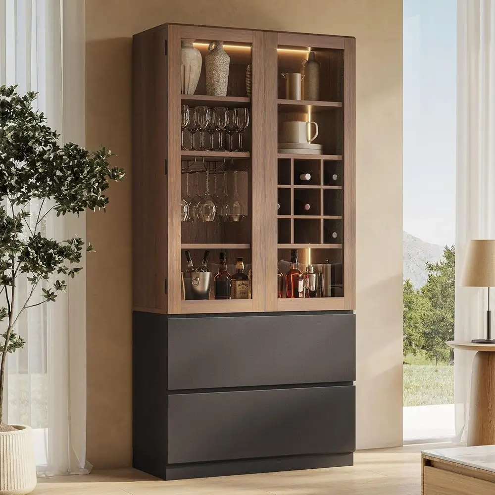 71 High Tempered Glass Display Cabinet with RGB Lighting, 3-in-1 Storage, 9-Grids, 3 Wine Racks, 2 Drawers for Home or Office, W
71 High Tempered Glass Display Cabinet with RGB Lighting, 3-in-1 Storage, 9-Grids, 3 Wine Racks, 2 Drawers for Home or Office, W
