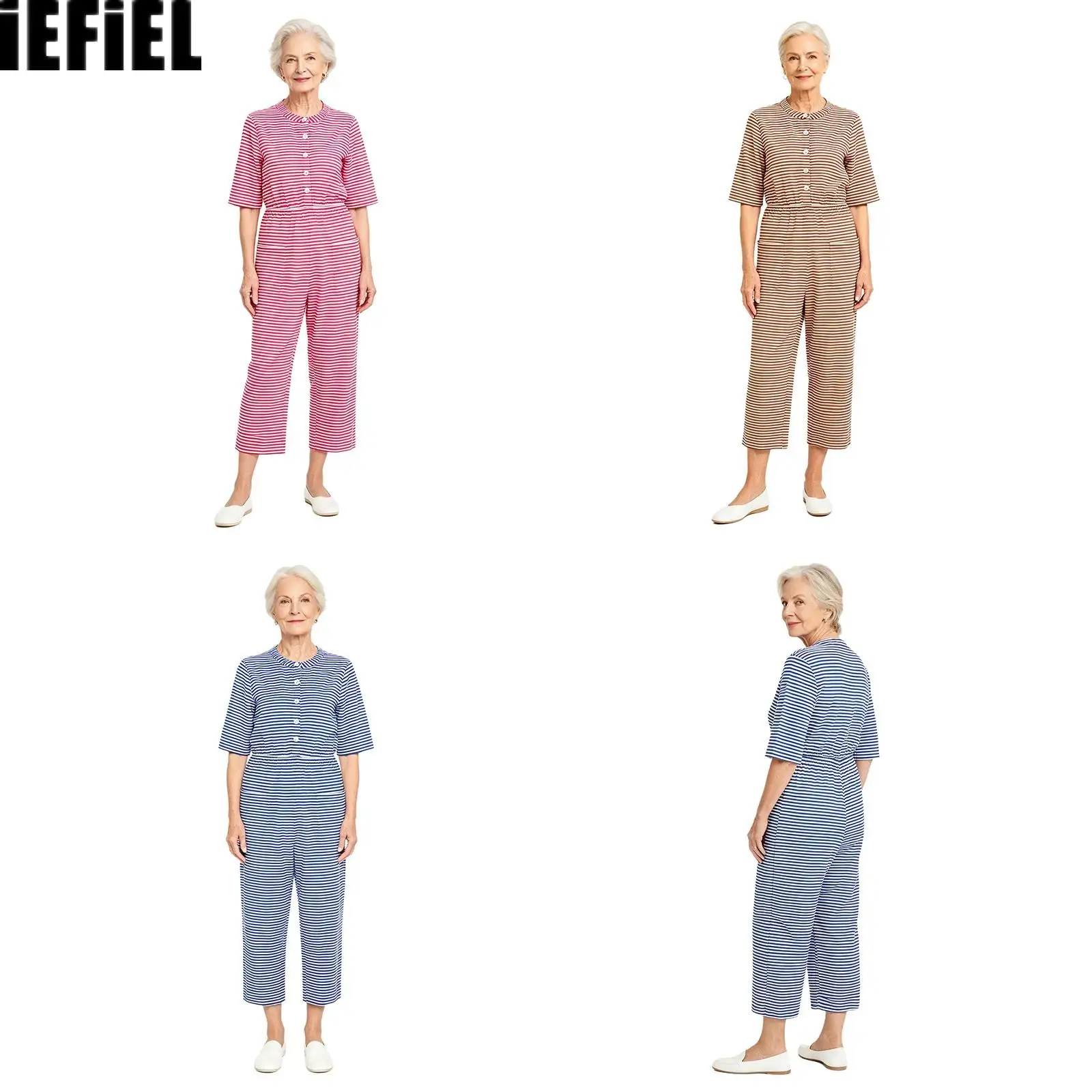 Womens Elderly Anti-strip Adaptive Jumpsuit Half Sleeve Elastic Waist Front Pockets Striped Rompers Special Clothes for Nursing
Womens Elderly Anti-strip Adaptive Jumpsuit Half Sleeve Elastic Waist Front Pockets Striped Rompers Special Clothes for Nursing