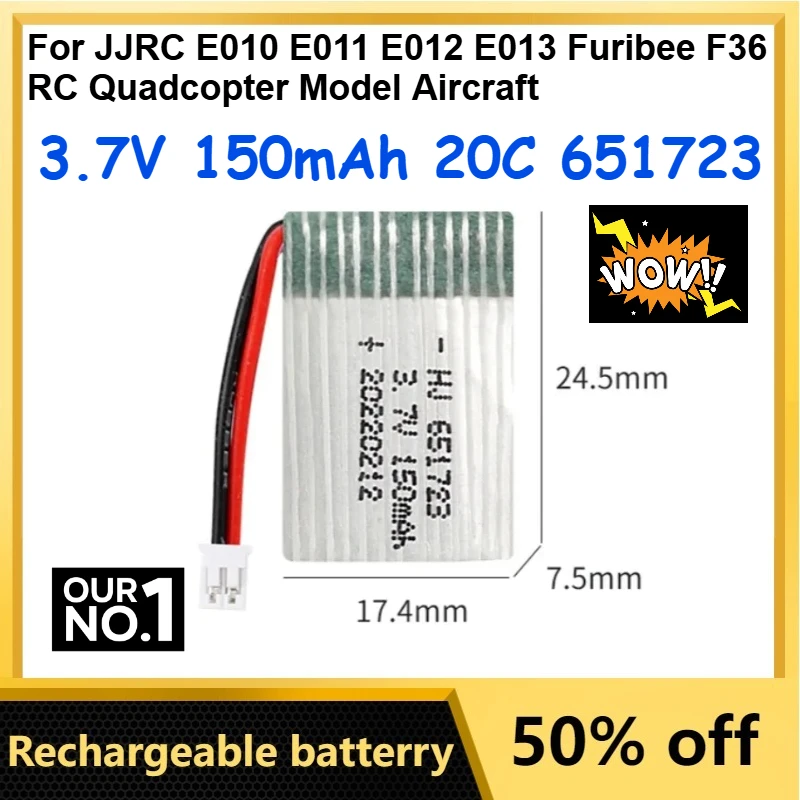 H36 Battery 3.7V 150mAh 20C 651723 LiPo Battery for JJRC E010 E011 E012 E013 Furibee F36 RC Quadcopter Model Aircraft Batteries
H36 Battery 3.7V 150mAh 20C 651723 LiPo Battery for JJRC E010 E011 E012 E013 Furibee F36 RC Quadcopter Model Aircraft Batteries