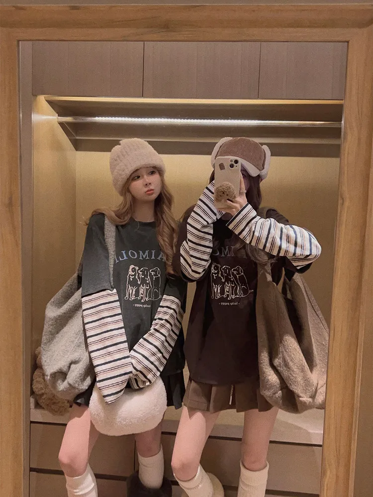 Футболка Yukiss Fce с длинными рукавами, цветными блоками и принтом собаки, повседневный женский топ с круглым вырезом, полосатый узор, оригинальный дизайн
Футболка Yukiss Fce с длинными рукавами, цветными блоками и принтом собаки, повседневный женский топ с круглым вырезом, полосатый узор, оригинальный дизайн