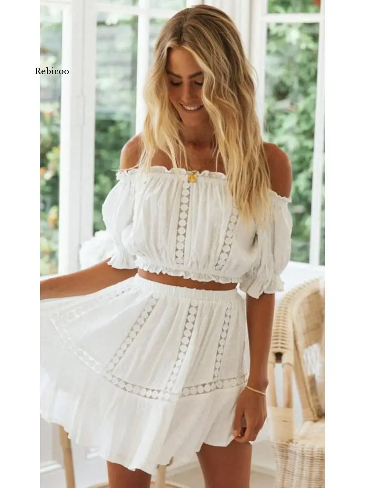 2022 Summer Two Piece Sets Women Bohemian Casual Beach Skirts 2Pcs Sets Lace Off Shoulder Crop Tops and Short Pleated Skirt 
2022 Summer Two Piece Sets Women Bohemian Casual Beach Skirts 2Pcs Sets Lace Off Shoulder Crop Tops and Short Pleated Skirt