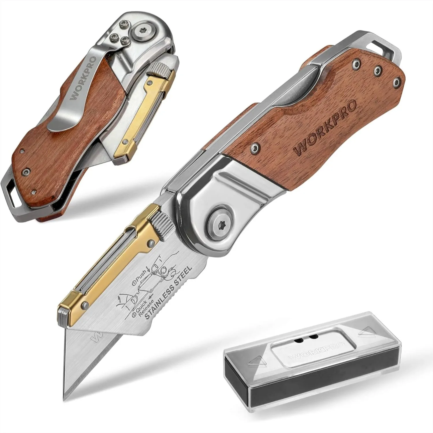 Folding Utility Knife With Quick-Change Blade And Belt Clip, Heavy Duty Wood Handle Box Cutter For Paper Carpet And Carton
Folding Utility Knife With Quick-Change Blade And Belt Clip, Heavy Duty Wood Handle Box Cutter For Paper Carpet And Carton
