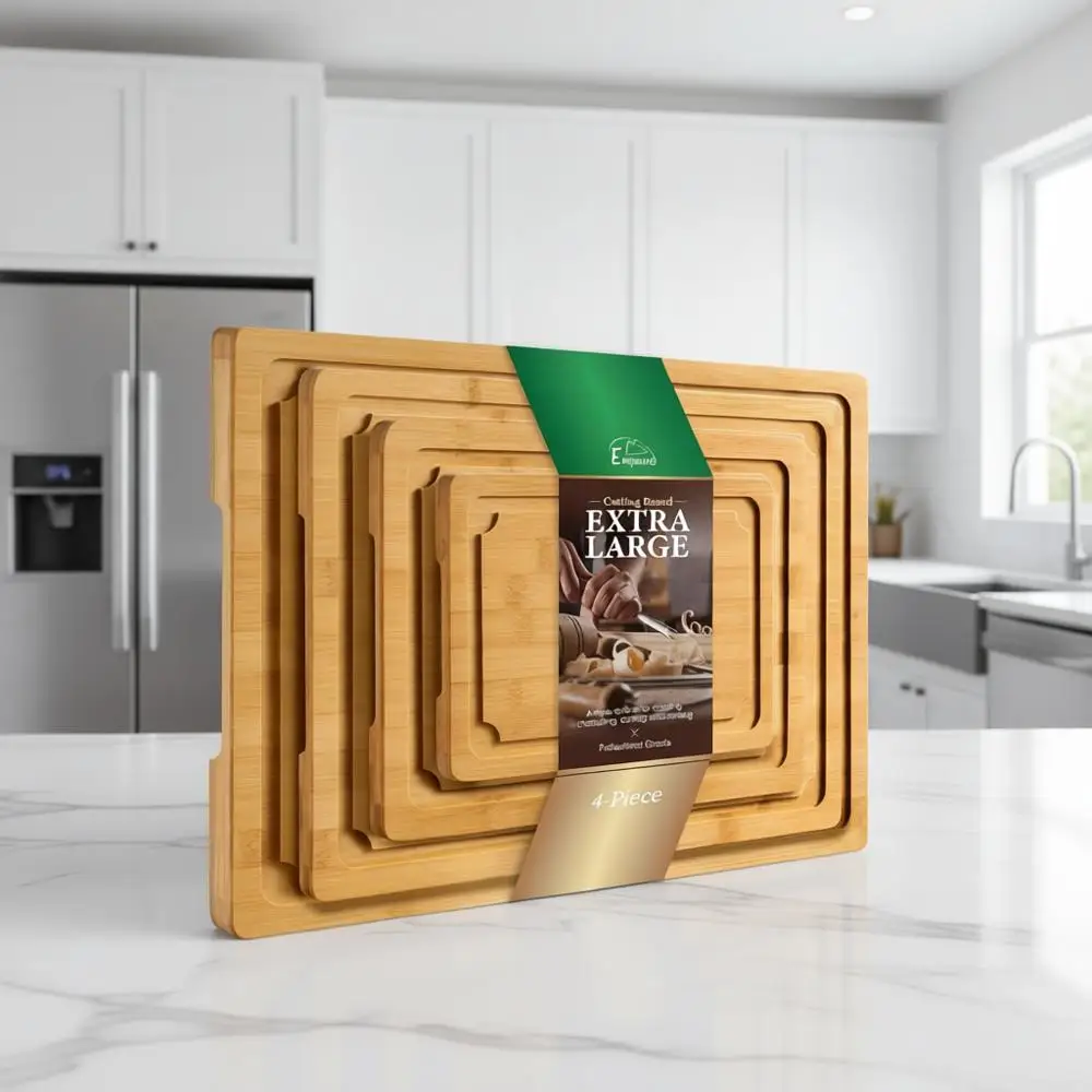 4-Piece Bamboo Cutting Board Set with Juice Groove and Handles for Kitchen Chopping, Meat, Cheese, and Serving
4-Piece Bamboo Cutting Board Set with Juice Groove and Handles for Kitchen Chopping, Meat, Cheese, and Serving