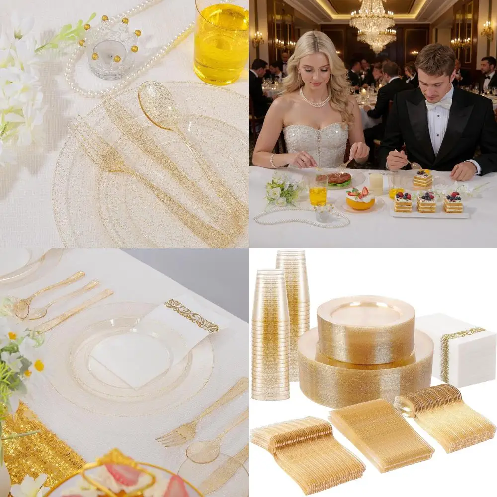 Набор одноразовой посуды с золотым блеском: 100 тарелок, 100 столовых приборов, 50 чашек и салфеток для вечеринки
Набор одноразовой посуды с золотым блеском: 100 тарелок, 100 столовых приборов, 50 чашек и салфеток для вечеринки