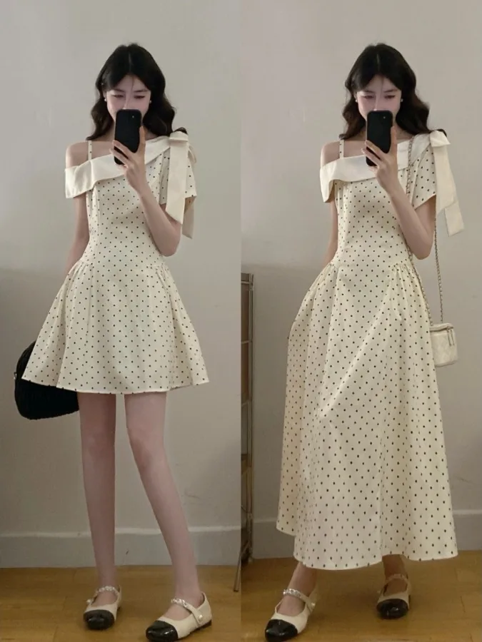 plus Size Polka Dot Asymmetrical Shoulder Short Sleeve Dress Women Summer New Elegant Waist Cinched a Line Skirt French Style
plus Size Polka Dot Asymmetrical Shoulder Short Sleeve Dress Women Summer New Elegant Waist Cinched a Line Skirt French Style