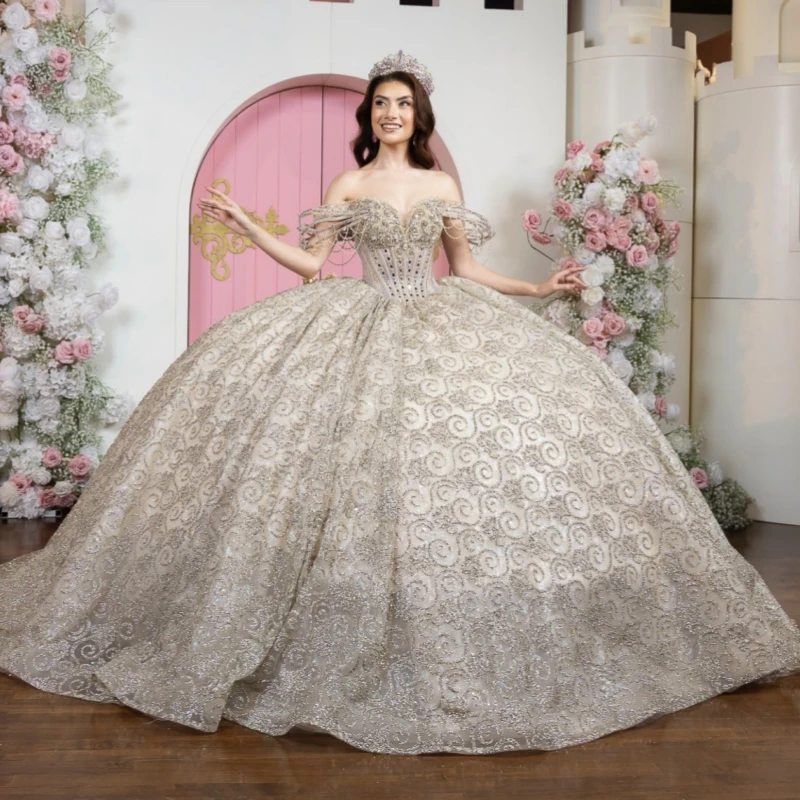 Champagne Shiny Quinceanera Dresses Off Shoulder Ball Gown Sweet 16 Dress Sequin Applique Lace Beading Crystal Tull Birthday
Champagne Shiny Quinceanera Dresses Off Shoulder Ball Gown Sweet 16 Dress Sequin Applique Lace Beading Crystal Tull Birthday
