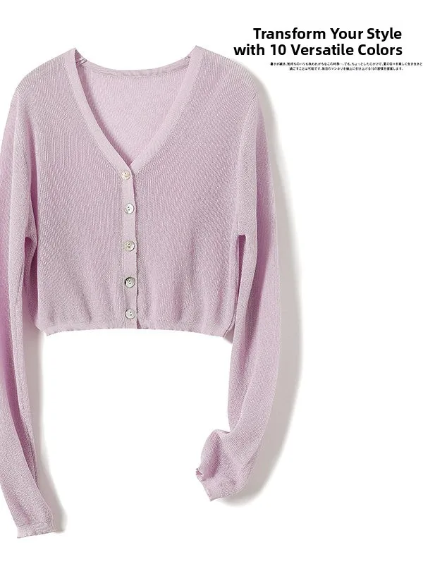 Knitted Summer Ice Silk Sun Protection Cardigan Women's Thin Outerwear Top Small Shawl Long Sleeve V-neck Button Design
Knitted Summer Ice Silk Sun Protection Cardigan Women's Thin Outerwear Top Small Shawl Long Sleeve V-neck Button Design