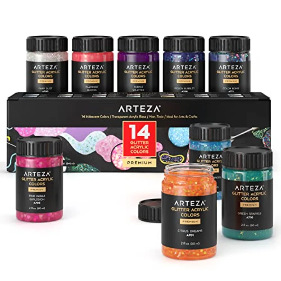 Glitter Acrylic Paint, 14 Iridescent Colors, 2 fl oz Bottles, Transparent Base, Iridescent Paint with Chunky Glitter, Art Suppl
Glitter Acrylic Paint, 14 Iridescent Colors, 2 fl oz Bottles, Transparent Base, Iridescent Paint with Chunky Glitter, Art Suppl