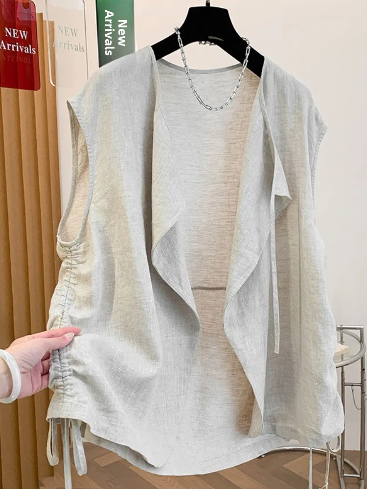 Unique Design Cotton Linen Sleeveless Open Cardigan Women's Spring Outerwear Drawstring Layering Top Breathable Linen Shirt
Unique Design Cotton Linen Sleeveless Open Cardigan Women's Spring Outerwear Drawstring Layering Top Breathable Linen Shirt