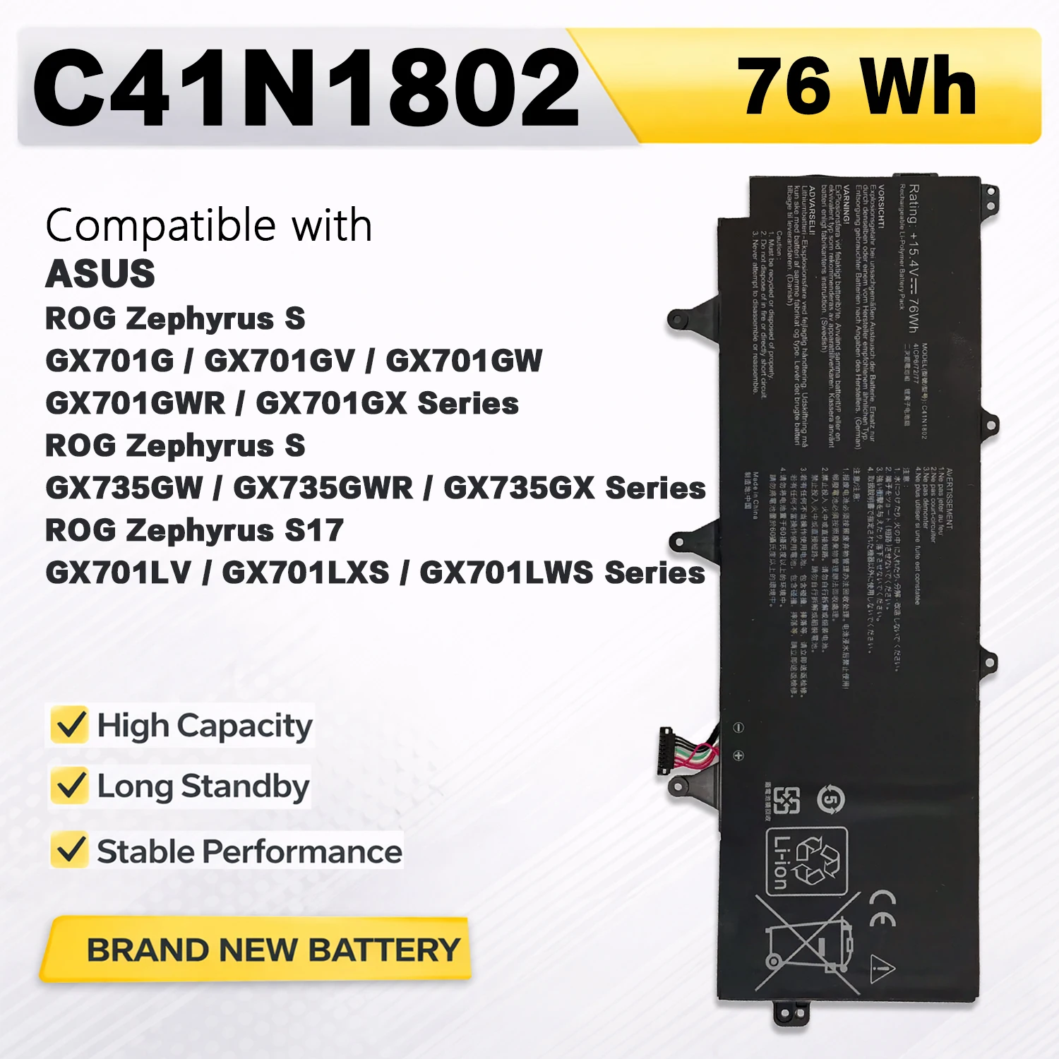 PowerHub C41N1802 15.4V 76Wh Laptop Battery for ASUS ROG Zephyrus S GX701GV GX701GW GX701GX GX735GW GX735GX 0B200-03140100
PowerHub C41N1802 15.4V 76Wh Laptop Battery for ASUS ROG Zephyrus S GX701GV GX701GW GX701GX GX735GW GX735GX 0B200-03140100