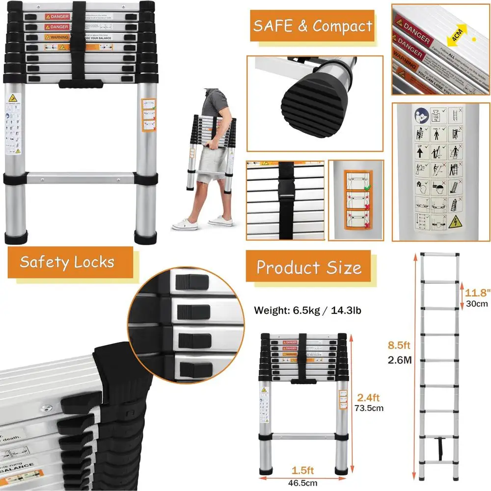 Aluminum Telescoping Ladder - 8.5ft Extension, 2.4ft Folded, 330lbs Capacity, Adjustable Height, Portable, EN131 Certified
Aluminum Telescoping Ladder - 8.5ft Extension, 2.4ft Folded, 330lbs Capacity, Adjustable Height, Portable, EN131 Certified