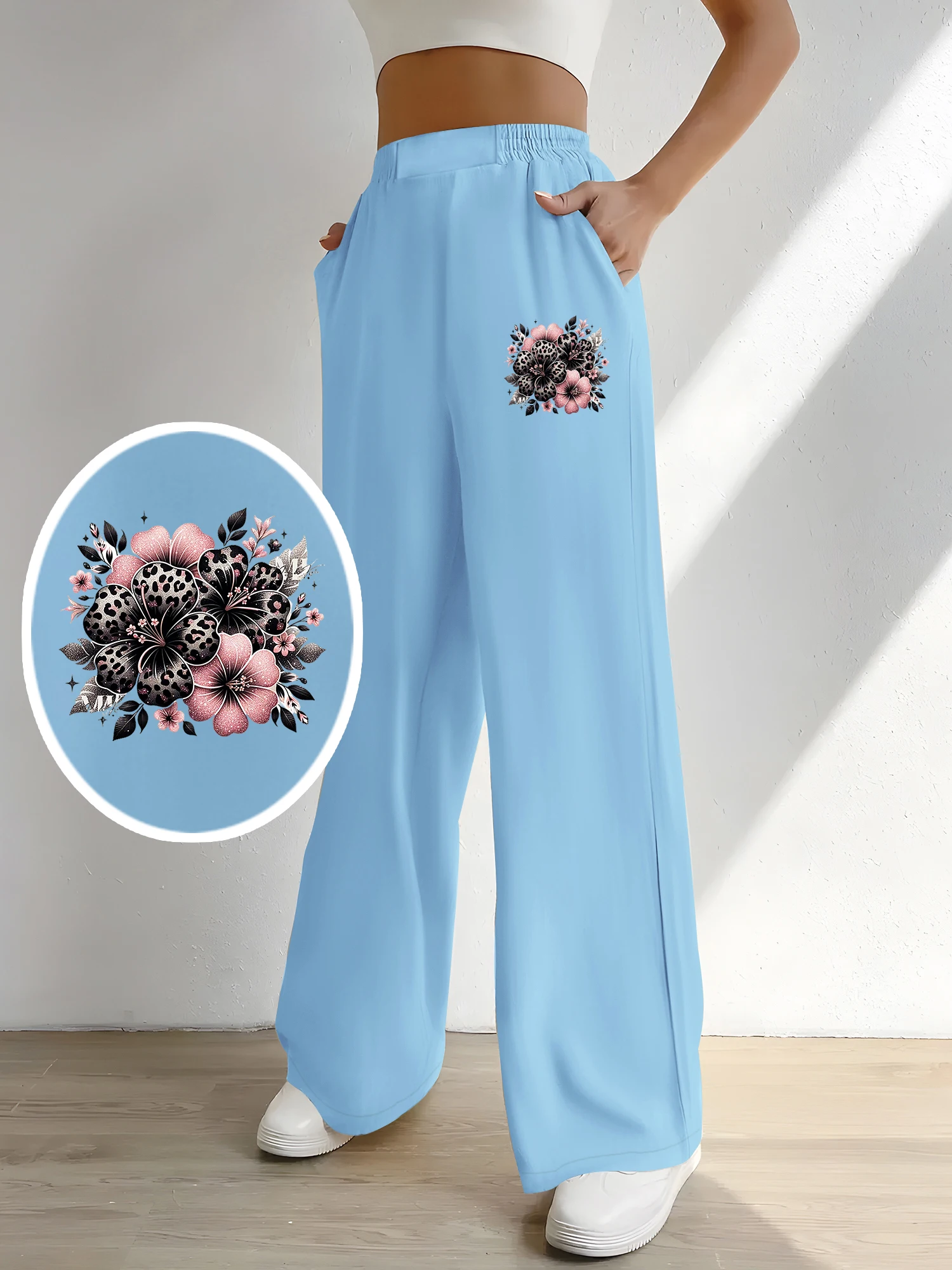 Women's Leopard Print Flower High Waist Wide Leg Sweatpants, Casual Elastic Waist Light Blue Streetwear Trousers
Women's Leopard Print Flower High Waist Wide Leg Sweatpants, Casual Elastic Waist Light Blue Streetwear Trousers
