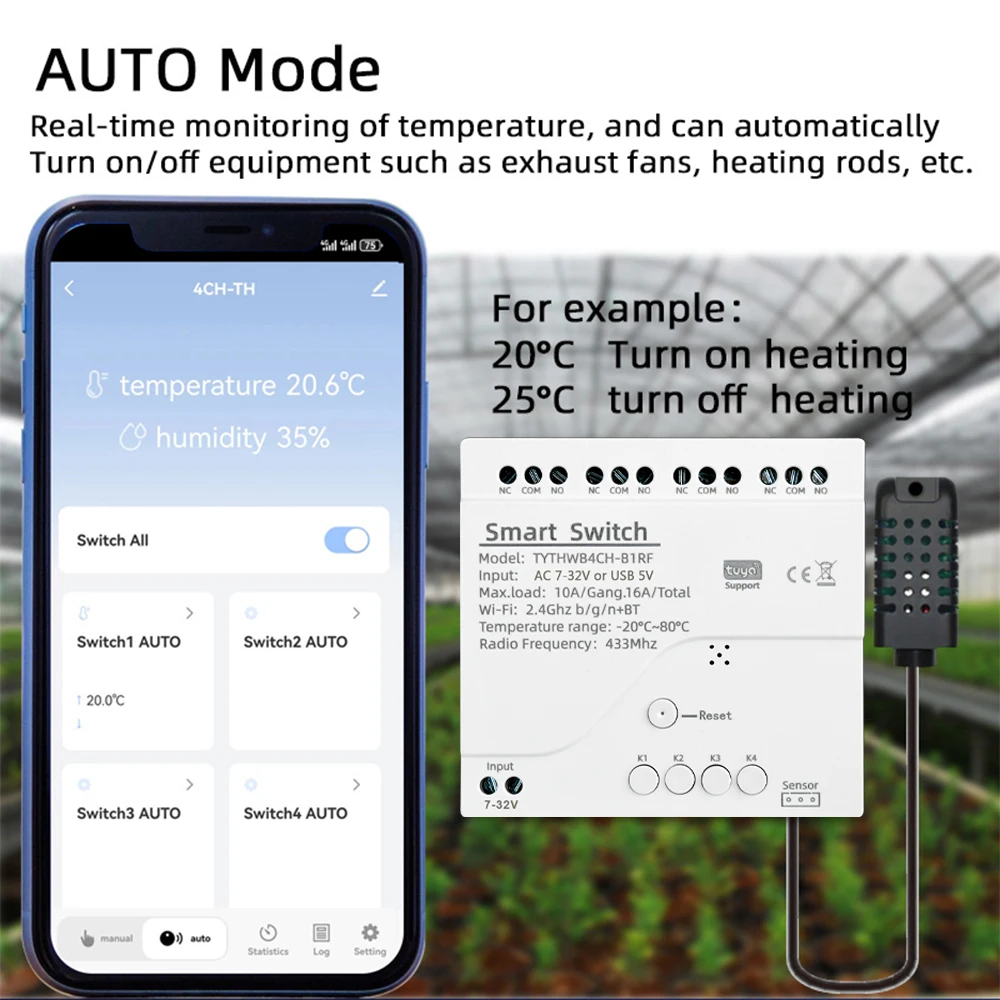 Tuya WiFi 4 Channel Smart Switch with Temperature or Humidity Sensor 85-250V 7-32V 10A RF 433MHZ Relay For Alexa Google Home
Tuya WiFi 4 Channel Smart Switch with Temperature or Humidity Sensor 85-250V 7-32V 10A RF 433MHZ Relay For Alexa Google Home