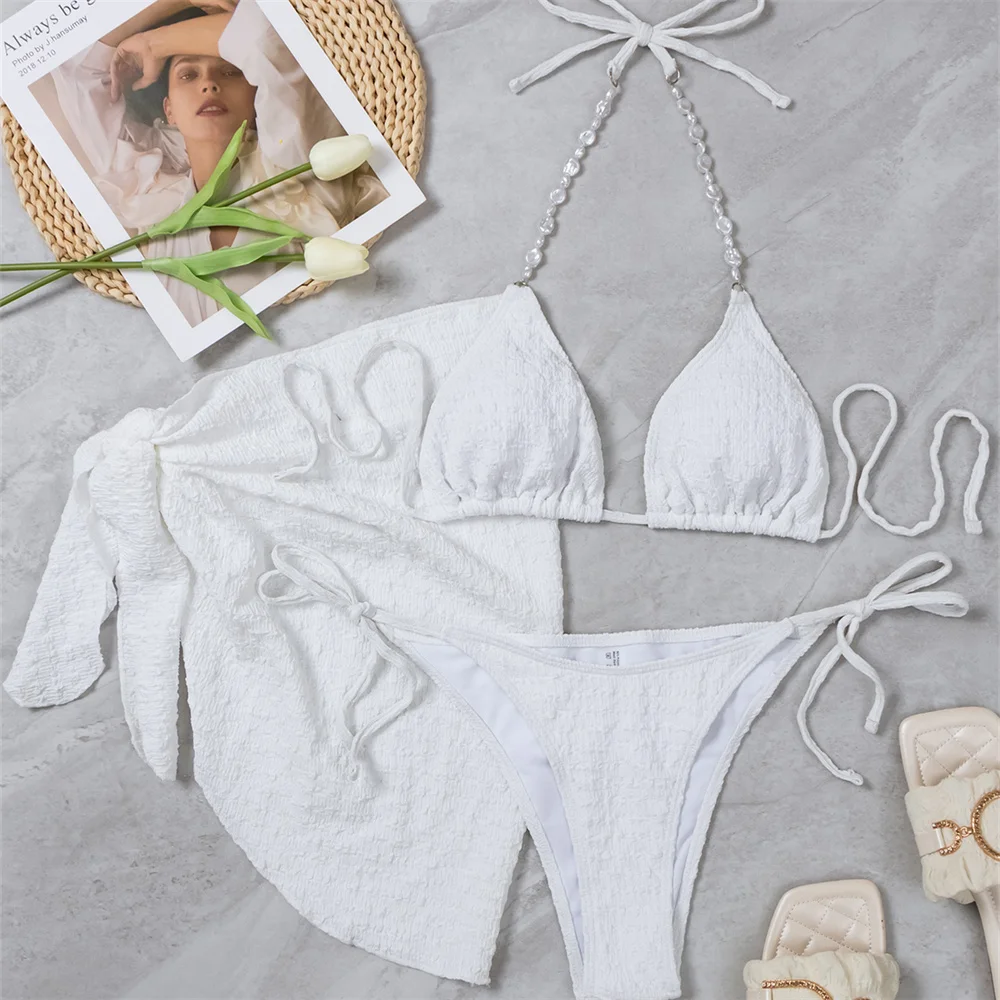 White Bikinis Sets Wrinkled Swimsuit Pearls String Halter Backless Swimwear Skirt Knotted Cover Ups Women Beach Vacation Outfits
White Bikinis Sets Wrinkled Swimsuit Pearls String Halter Backless Swimwear Skirt Knotted Cover Ups Women Beach Vacation Outfits
