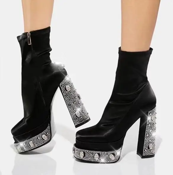 Black Silk Bling Crystal Rhinestone Platform Chunky Heels Ankle Boots Women Fashion Zipper Side Square Toe High Heel Booties
Black Silk Bling Crystal Rhinestone Platform Chunky Heels Ankle Boots Women Fashion Zipper Side Square Toe High Heel Booties