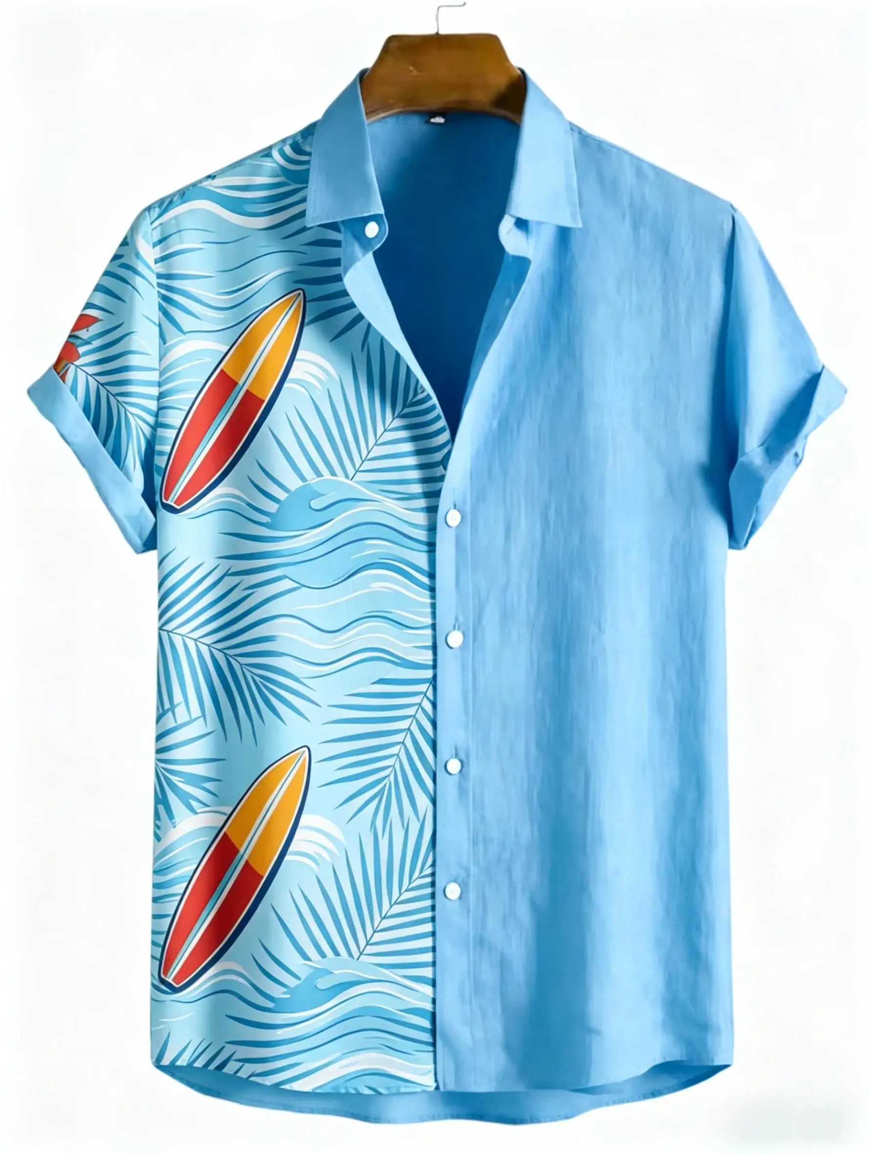 Men's Spring Summer Lapel Shirt, Split Blue Tropical Surfboard Print Casual Tops For Daily Beach Vacation Outfit
Men's Spring Summer Lapel Shirt, Split Blue Tropical Surfboard Print Casual Tops For Daily Beach Vacation Outfit