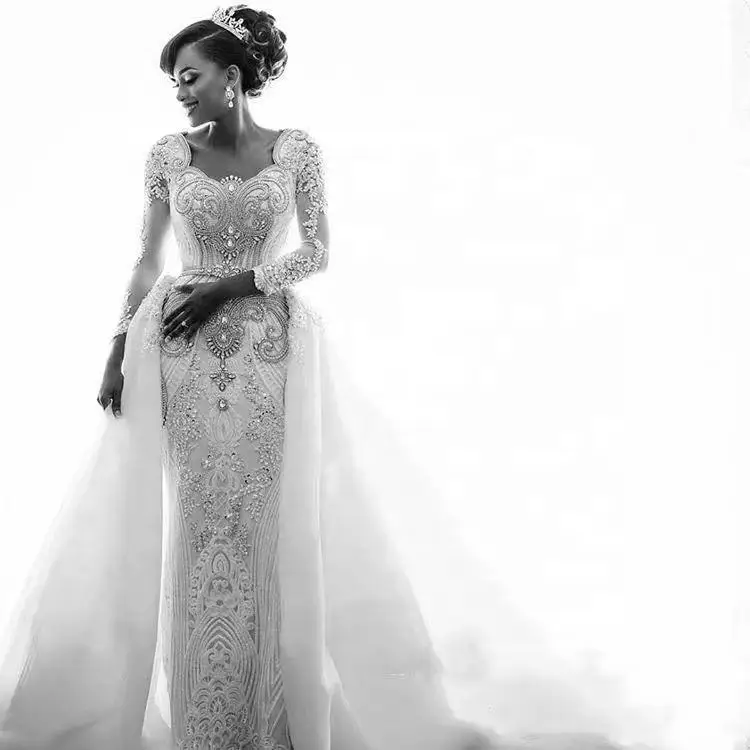 New Mermaid Wedding Dresses Long Sleeves Lace African Lace Applique Beaded Crystals Detachable Train Wedding Bridal Dress
New Mermaid Wedding Dresses Long Sleeves Lace African Lace Applique Beaded Crystals Detachable Train Wedding Bridal Dress