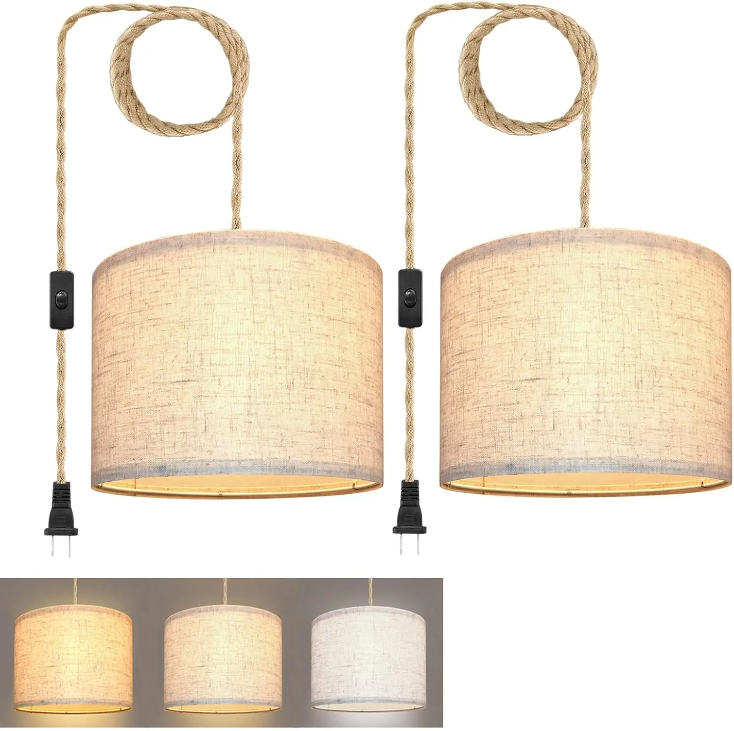Plug in Pendant Light 2 Pack, 15ft Hemp Rope, Beige Linen Shade, On/Off Switch, 3 Color Temp LED Bulbs Included
Plug in Pendant Light 2 Pack, 15ft Hemp Rope, Beige Linen Shade, On/Off Switch, 3 Color Temp LED Bulbs Included