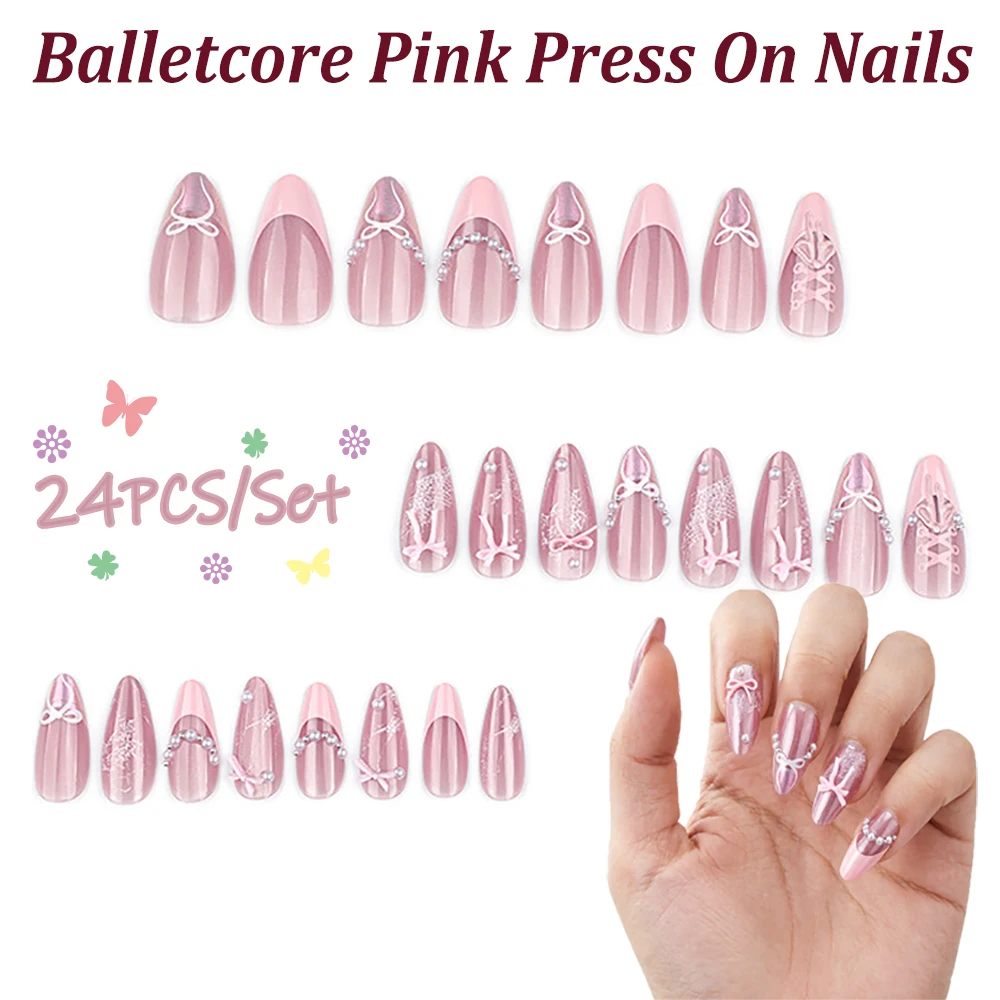 24PCS Sweet Balletcore Pink Press On Nails Pink Cat Eye Press On Nails Set 3D Bow & Pearl Lace Almond French False Nails
24PCS Sweet Balletcore Pink Press On Nails Pink Cat Eye Press On Nails Set 3D Bow & Pearl Lace Almond French False Nails
