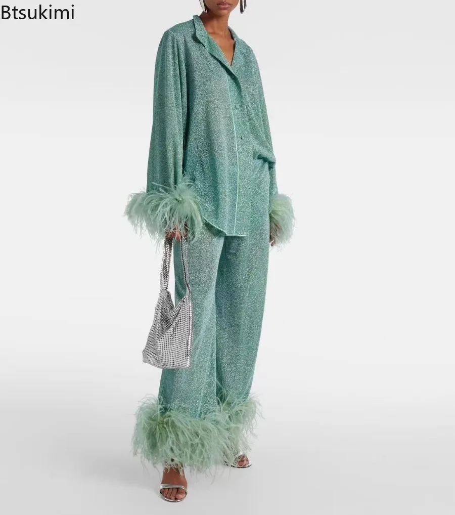 New Women's Feathers Splice Two Piece Sets Solid Stand Collar Button Long Sleeve Shirt Pants Suit Spring Elegant Women Outfits
New Women's Feathers Splice Two Piece Sets Solid Stand Collar Button Long Sleeve Shirt Pants Suit Spring Elegant Women Outfits
