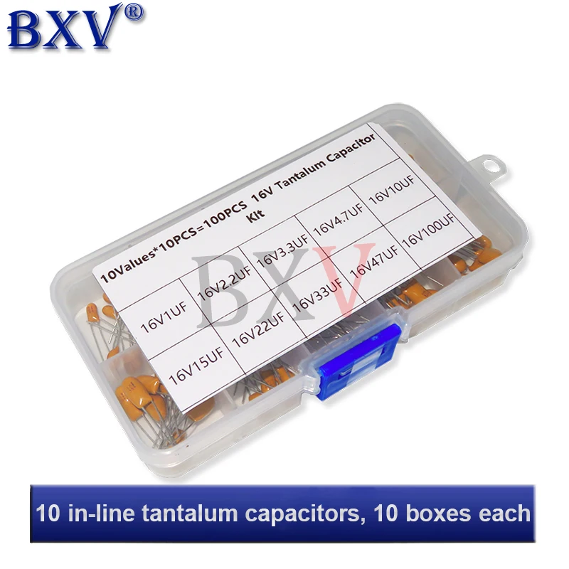 Assorted Kit 100PCS/Set 16V Tantalum Capacitor 10Values*10PCS Box Assorstment BXV
Assorted Kit 100PCS/Set 16V Tantalum Capacitor 10Values*10PCS Box Assorstment BXV