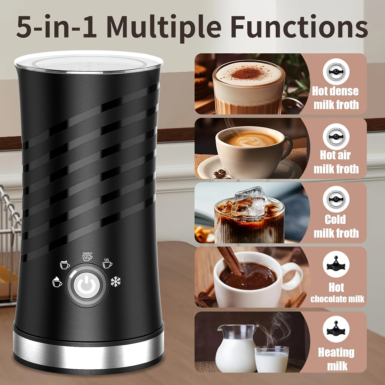 5-in-1 Electric Milk Frother & Steamer – Hot/Cold Foam Maker with LED Mode Indicator, Dual Whisk Design for Coffee, Latte, Cappuccino, Hot Chocolate, and Black Coffee
5-in-1 Electric Milk Frother & Steamer – Hot/Cold Foam Maker with LED Mode Indicator, Dual Whisk Design for Coffee, Latte, Cappuccino, Hot Chocolate, and Black Coffee