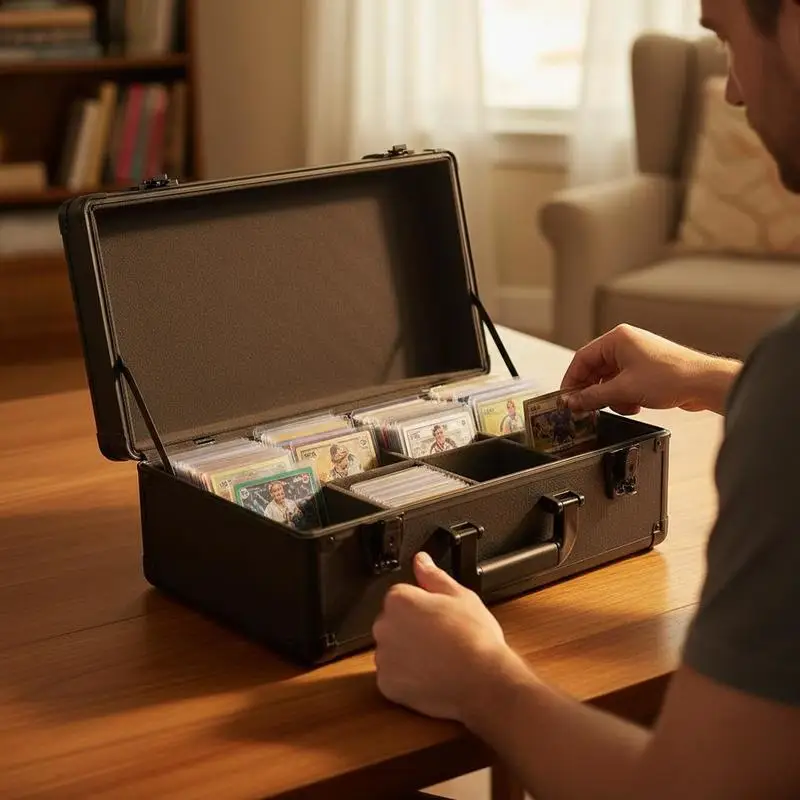 Storage box, 4 compartments, carrying case for trading cards with foam dividers and key lock, for 108 PSA cards, 76 BGS cards, 84 SGC cards, 388 Top Loader or 999+ loose cards
Storage box, 4 compartments, carrying case for trading cards with foam dividers and key lock, for 108 PSA cards, 76 BGS cards, 84 SGC cards, 388 Top Loader or 999+ loose cards