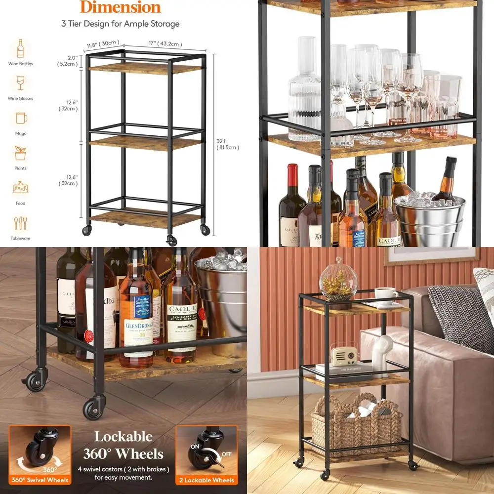 Compact 3-Tier Rolling Bar Cart, Rustic Brown, for Home Wine & Drink Serving, Kitchen, Dining, Living Room, 17 x 11.8 x 32.1
Compact 3-Tier Rolling Bar Cart, Rustic Brown, for Home Wine & Drink Serving, Kitchen, Dining, Living Room, 17 x 11.8 x 32.1