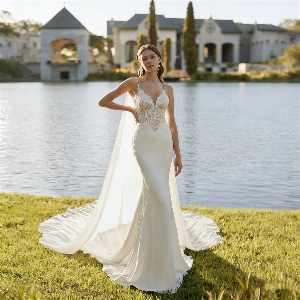 Boho Spaghetti Straps Satin Mermaid Wedding Dresses V-neck Open Back Zipper Floor Length Sweep Train Bridal Gown For Bride
Boho Spaghetti Straps Satin Mermaid Wedding Dresses V-neck Open Back Zipper Floor Length Sweep Train Bridal Gown For Bride