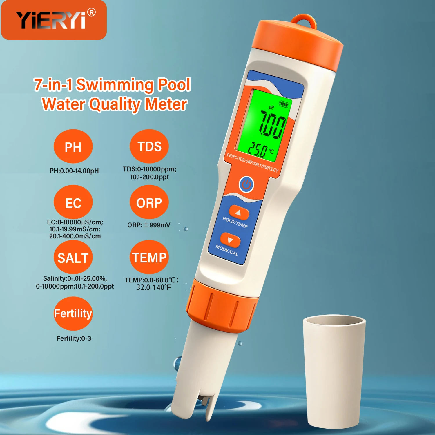 YIERYI 7-in-1 Pool Water Tester Digital Water Quality Meter for Swimming Pool SPA pH/ORP/Salt/TDS/EC/Temp/Fertility Tester Pen
YIERYI 7-in-1 Pool Water Tester Digital Water Quality Meter for Swimming Pool SPA pH/ORP/Salt/TDS/EC/Temp/Fertility Tester Pen