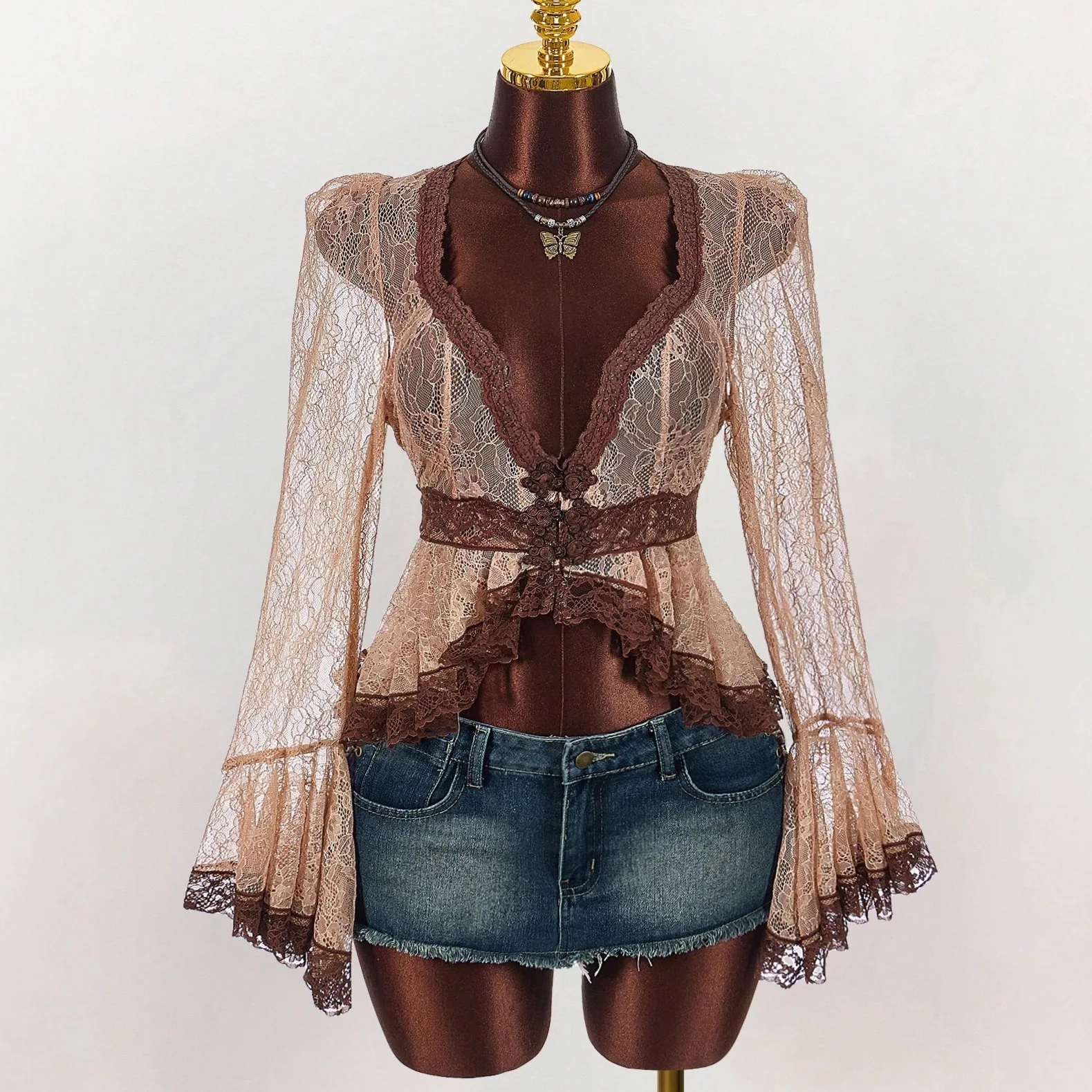 New Lace Splicing Sheer Hollowed-out Waist-cinching Slim-fit Sexy Deep V Bell-sleeve Top For Women
New Lace Splicing Sheer Hollowed-out Waist-cinching Slim-fit Sexy Deep V Bell-sleeve Top For Women