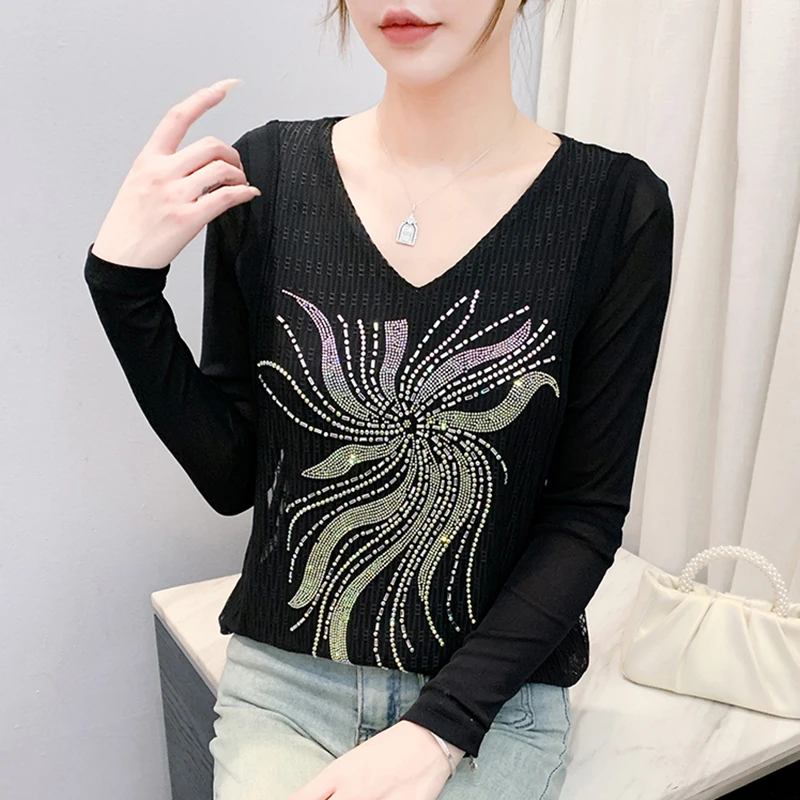 New 2025 Autumn Winter Long Sleeved Women's Tops Fashion Elegant Slim Hot Diamond Black T-Shirt M-3XL Tees
New 2025 Autumn Winter Long Sleeved Women's Tops Fashion Elegant Slim Hot Diamond Black T-Shirt M-3XL Tees