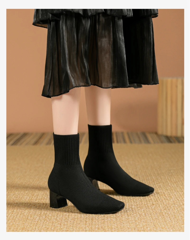 Black Square Toe Knit Sock Boots Elastic Slim Thick Block Heel High Heels Short Boots Fashion Autumn Casual Skinny Ankle Boots 7 S4653f11f6b10440c863a8a71f64a48a5O