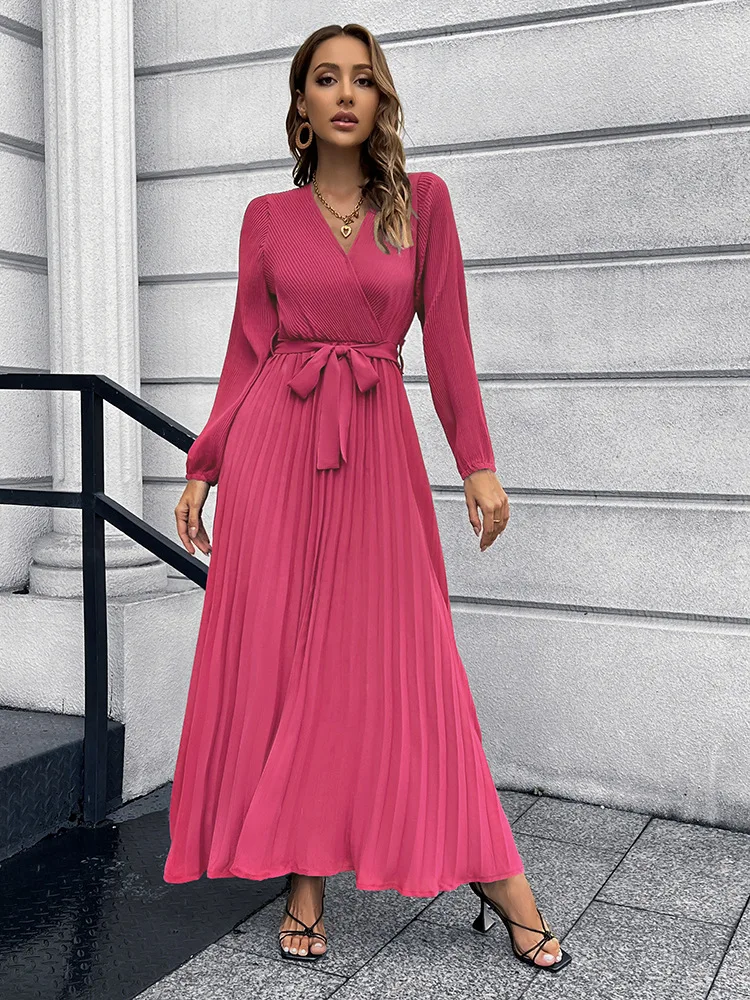 2022 Women New V Neck Long Sleeve Pleated A Line Dress For Ladies Solid Color Lace Up High Waist All Match Dresses
2022 Women New V Neck Long Sleeve Pleated A Line Dress For Ladies Solid Color Lace Up High Waist All Match Dresses