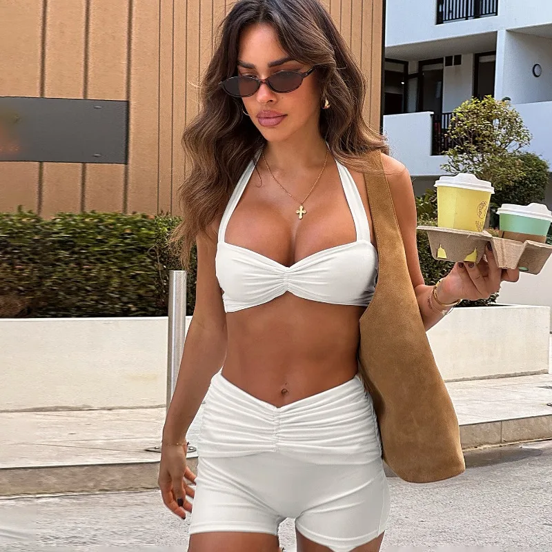 Women Solid Ruched Slim 2 Piece Set Tracksuits Halter Backless Bra Tops + Skinny Shorts Fitness Workout Suits Holiday Outfits
Women Solid Ruched Slim 2 Piece Set Tracksuits Halter Backless Bra Tops + Skinny Shorts Fitness Workout Suits Holiday Outfits