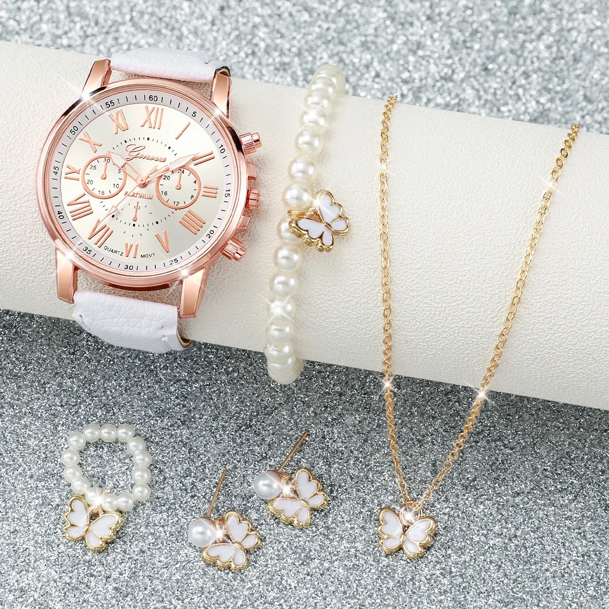 6pcs Ladies' wristwatch belt watch Geneva quartz watch fake three eye Roman watch set
6pcs Ladies' wristwatch belt watch Geneva quartz watch fake three eye Roman watch set