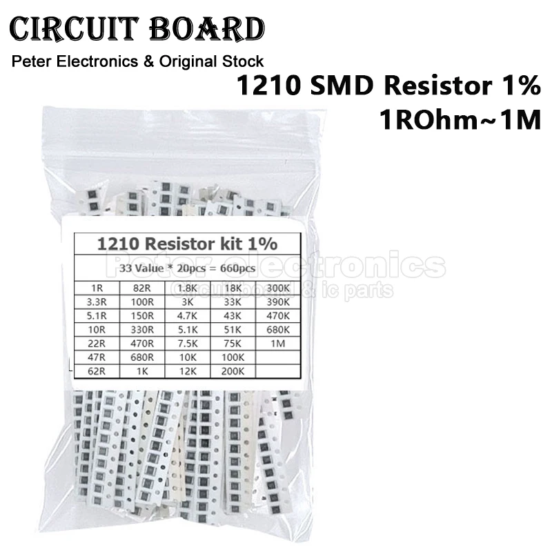 (660pcs) 1210 SMD Resistor Assorted Kit 1% 1R 10R 100R 1K 10K 100K 1M 4.7R 5.1K 220R 47K 2.2R 2.2K Ohm 33ValuesX20PCS
(660pcs) 1210 SMD Resistor Assorted Kit 1% 1R 10R 100R 1K 10K 100K 1M 4.7R 5.1K 220R 47K 2.2R 2.2K Ohm 33ValuesX20PCS