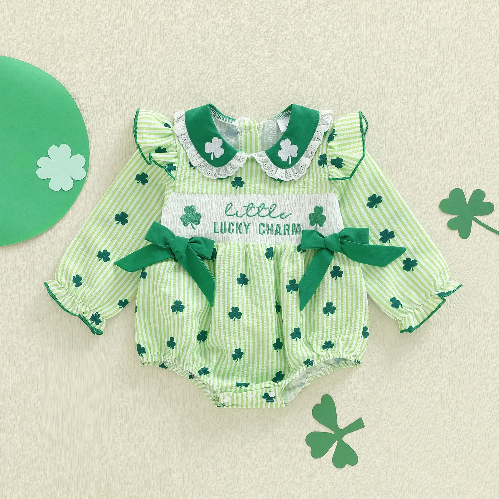 Infant Spring Jumpsuit Clover Pattern Lace-Edged Doll Collar Suit with Ribbon Embellishments and Stripes
Infant Spring Jumpsuit Clover Pattern Lace-Edged Doll Collar Suit with Ribbon Embellishments and Stripes