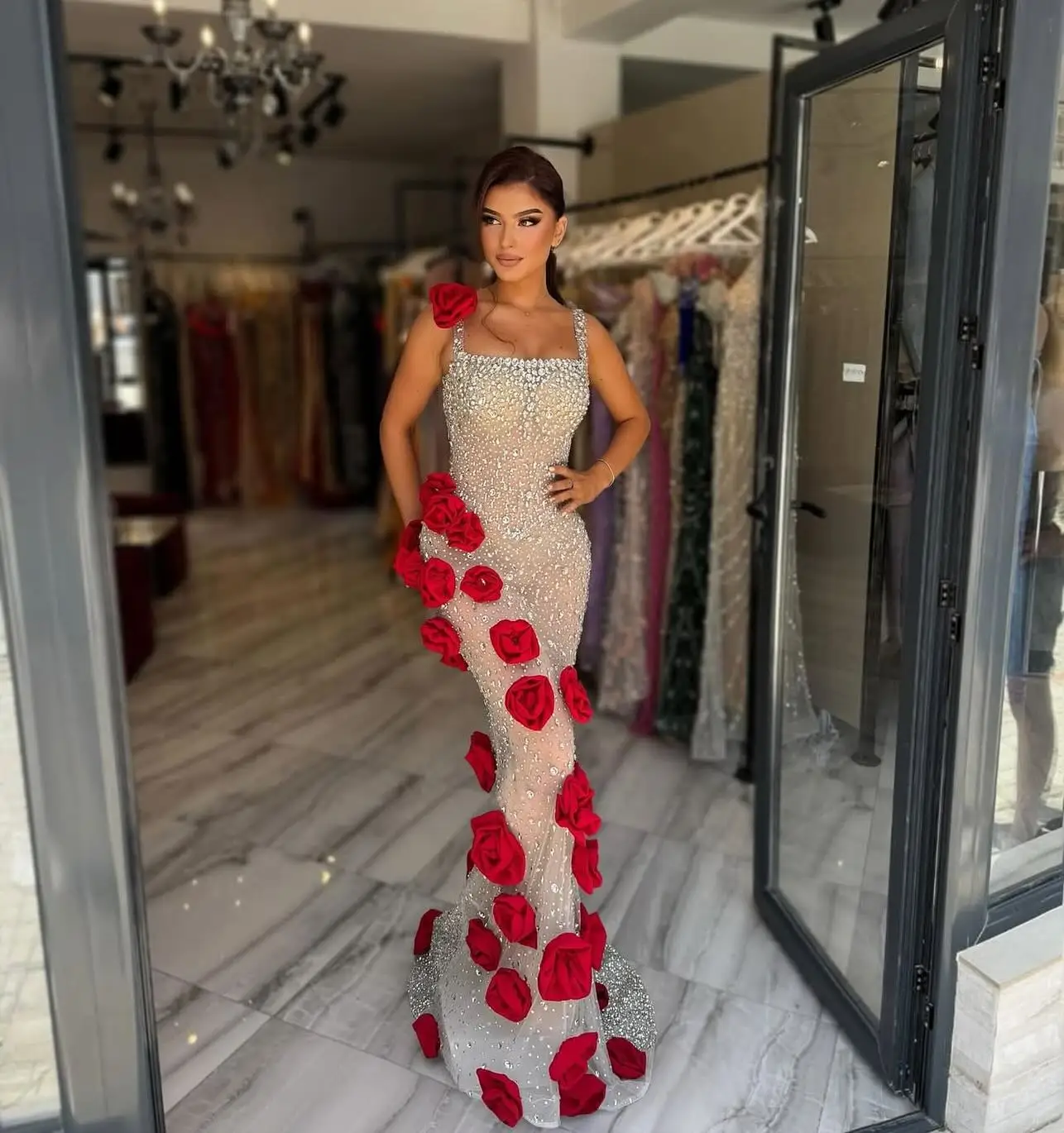 Luxury Shiny Women Prom Dress Sexy Sleeveless 3D Flower Sheath Bridal Evening Gown Lace Up Back Customized Robe
Luxury Shiny Women Prom Dress Sexy Sleeveless 3D Flower Sheath Bridal Evening Gown Lace Up Back Customized Robe