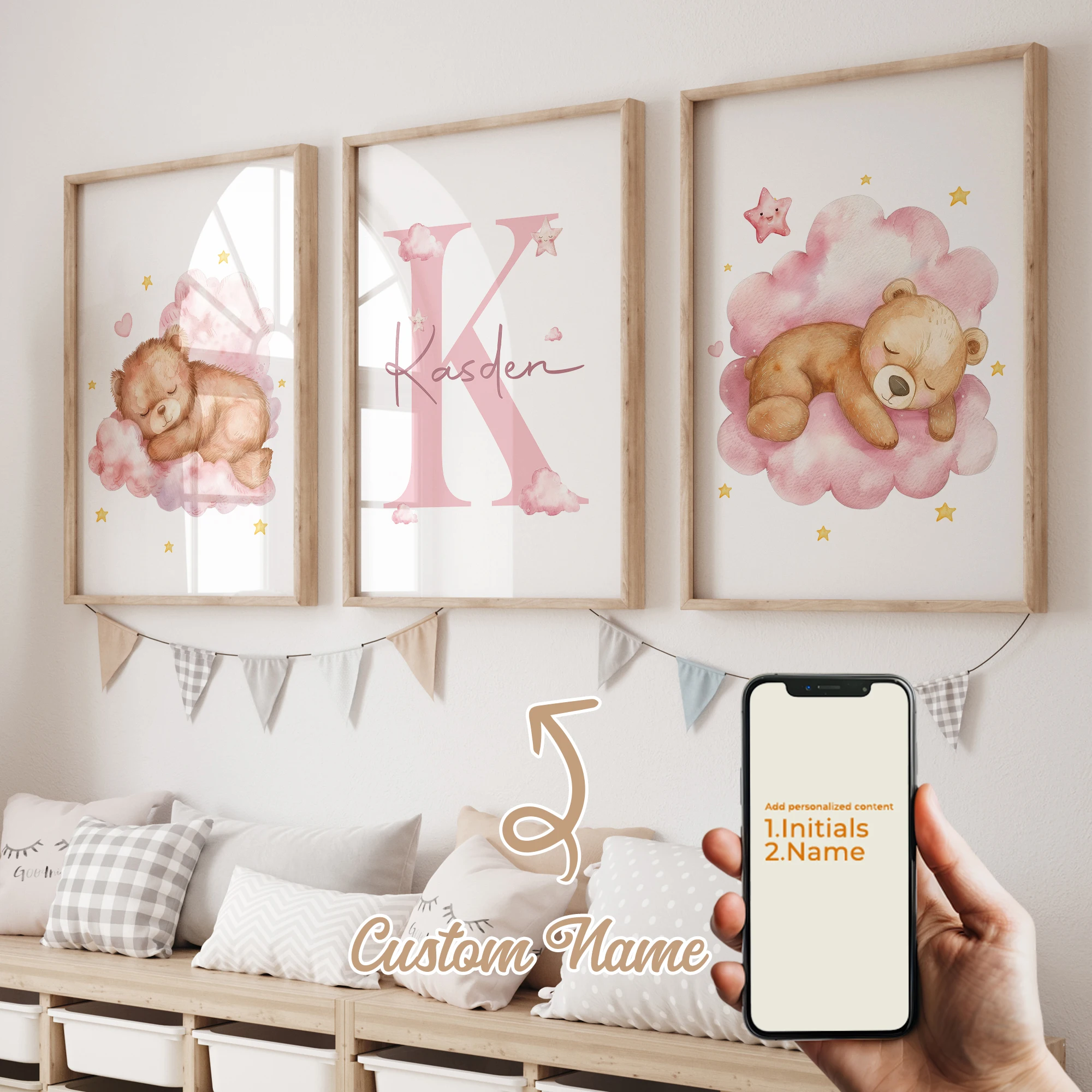 3pcs Personalized Name Custom Cute Pink Teddy Bear Sleeping Clouds Wall Art Print Picture Living Room Kids Room Home Decor
3pcs Personalized Name Custom Cute Pink Teddy Bear Sleeping Clouds Wall Art Print Picture Living Room Kids Room Home Decor
