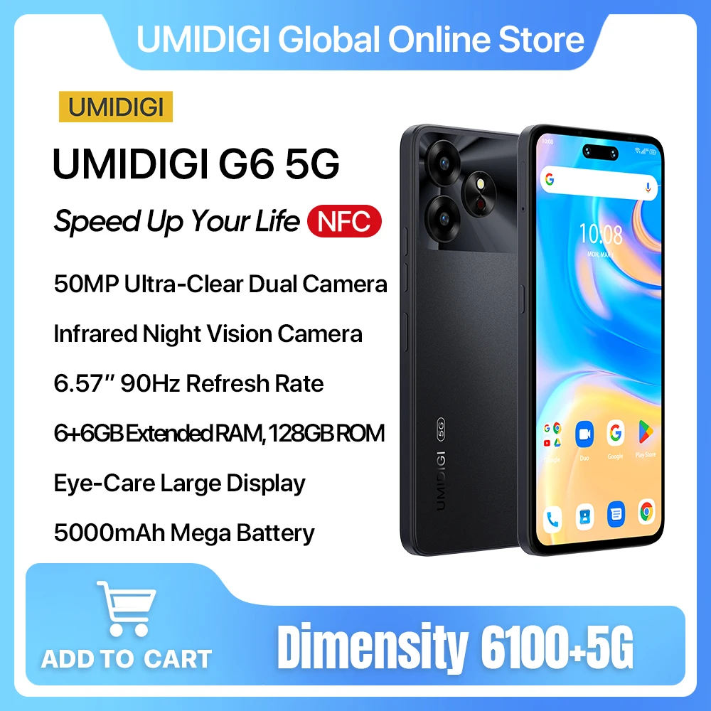UMIDIGI G6 5G Phone Smartphone Android 13,NFC,Dimensity 6100+,12GB (6+6GB)RAM,128GB ROM,50MP 5000mAh 6.57" 90Hz Eye-Care celular
UMIDIGI G6 5G Phone Smartphone Android 13,NFC,Dimensity 6100+,12GB (6+6GB)RAM,128GB ROM,50MP 5000mAh 6.57" 90Hz Eye-Care celular
