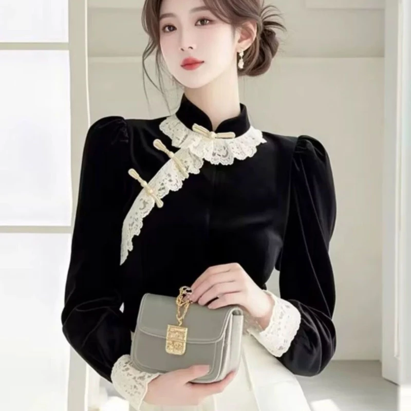 Spring Fall Women Chinese Style Ruffled Lace Black Velvet Top Shirt , Woman Autumn Puff Sleee Elour Tops Shirts
Spring Fall Women Chinese Style Ruffled Lace Black Velvet Top Shirt , Woman Autumn Puff Sleee Elour Tops Shirts