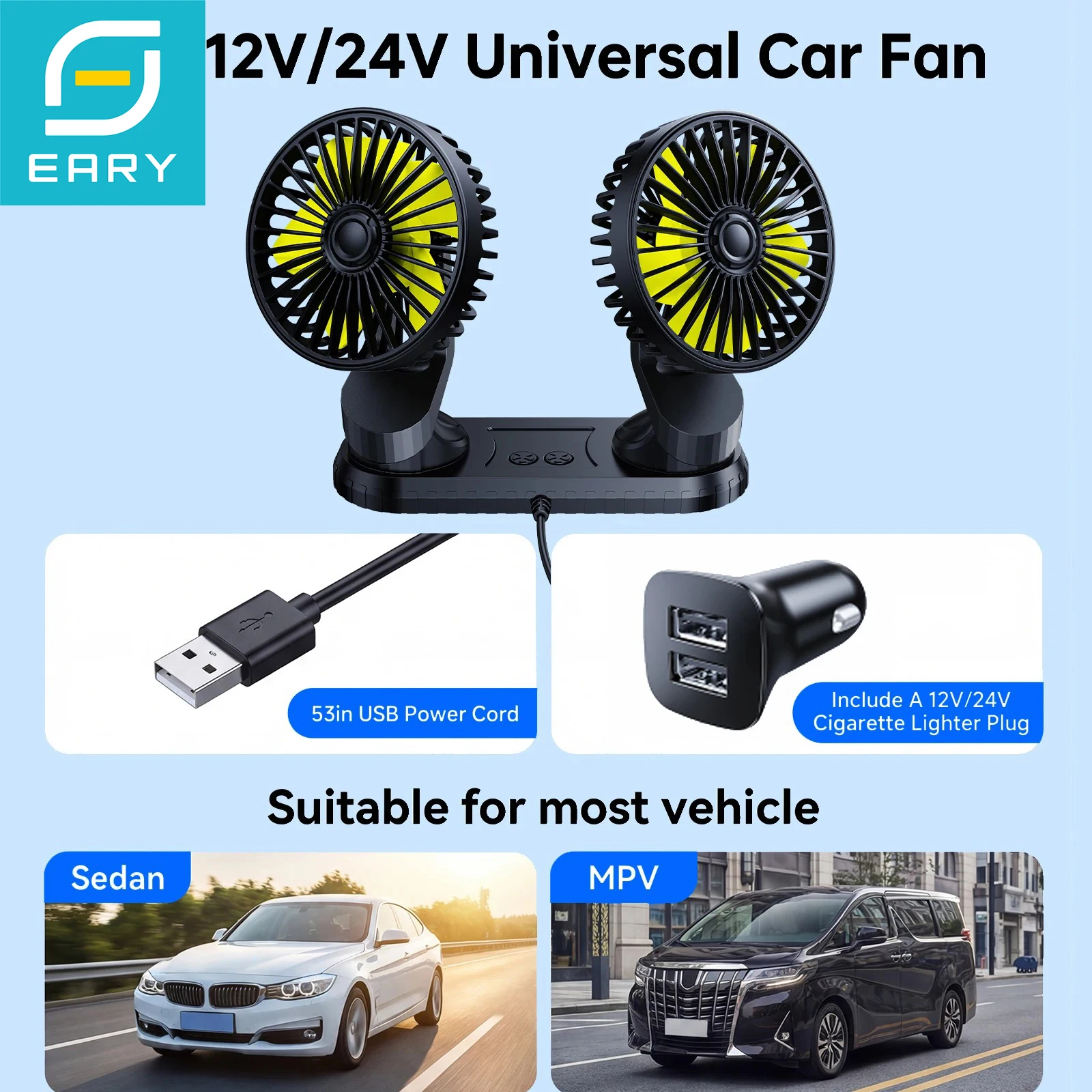 Eary 12V/24V Car Dual Head Fan Rotatable Foldable Auto Air Cooler 3 Speeds Vehicle Dashboard Cooling Fans RV SUV Sedan MPV Truck
Eary 12V/24V Car Dual Head Fan Rotatable Foldable Auto Air Cooler 3 Speeds Vehicle Dashboard Cooling Fans RV SUV Sedan MPV Truck