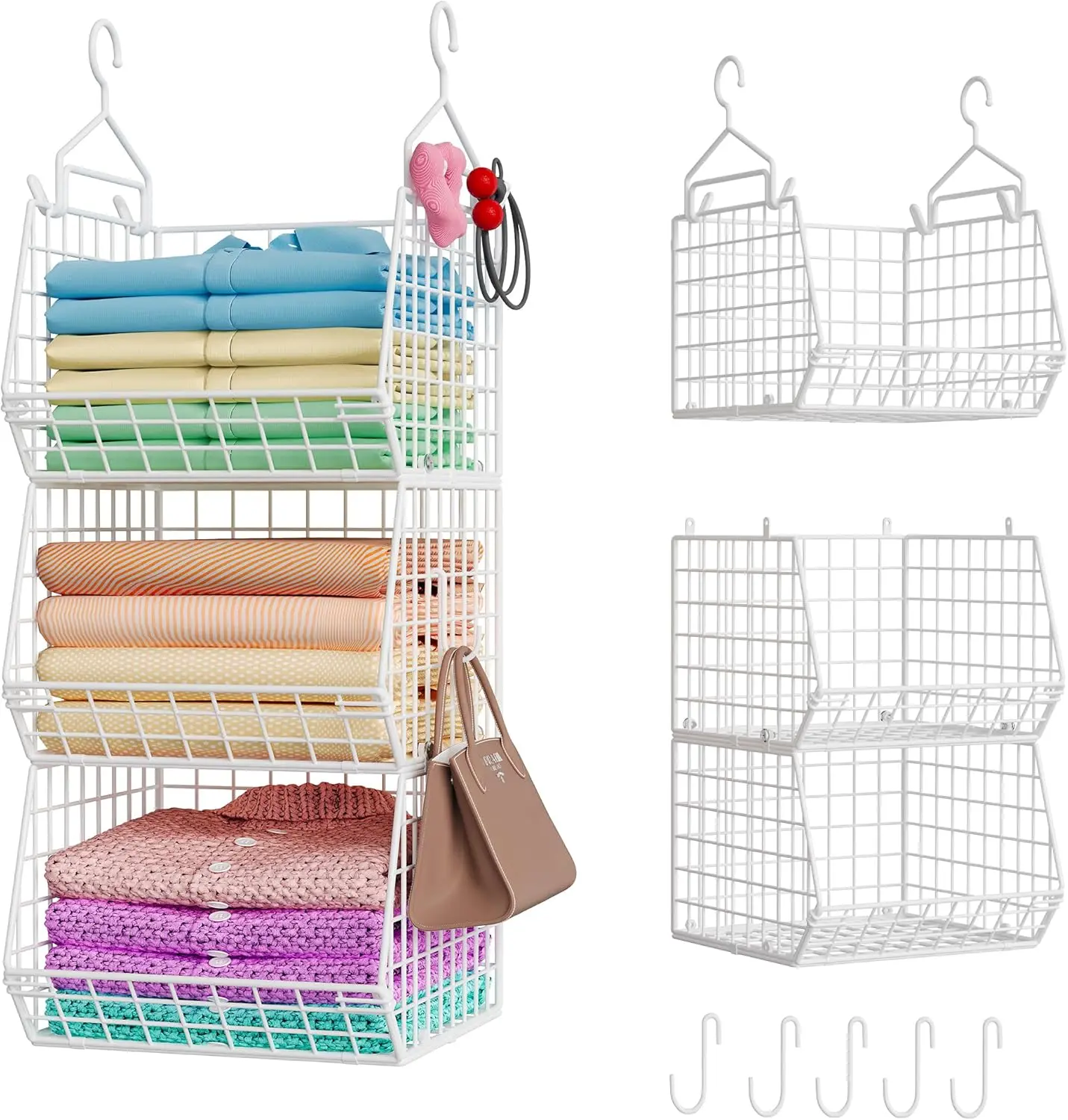 3-Tier Foldable Closet Organizer with Hooks, Wall Mount Storage Baskets for Clothing and Accessories in White
3-Tier Foldable Closet Organizer with Hooks, Wall Mount Storage Baskets for Clothing and Accessories in White