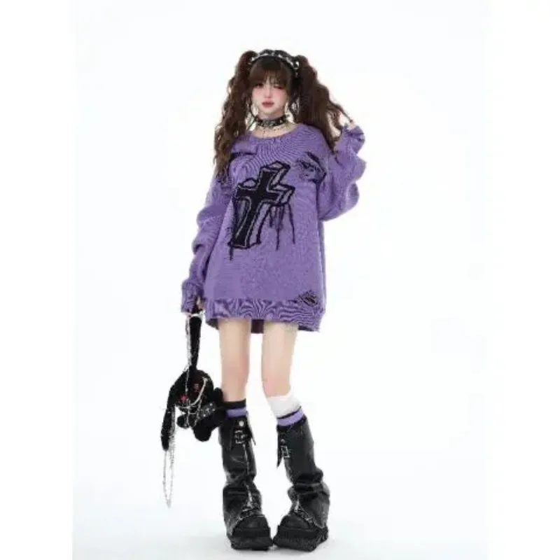 Модный нишевый рваный свободный пуловер с круглым вырезом и принтом, осенне-зимний свободный пуловер с длинными рукавами, свитер 
Модный нишевый рваный свободный пуловер с круглым вырезом и принтом, осенне-зимний свободный пуловер с длинными рукавами, свитер